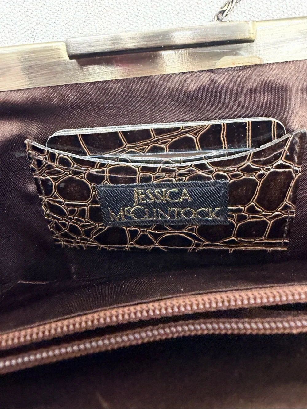 Jessica McClintock Brown Croc-Embossed Chain-Handle Evening Clutch